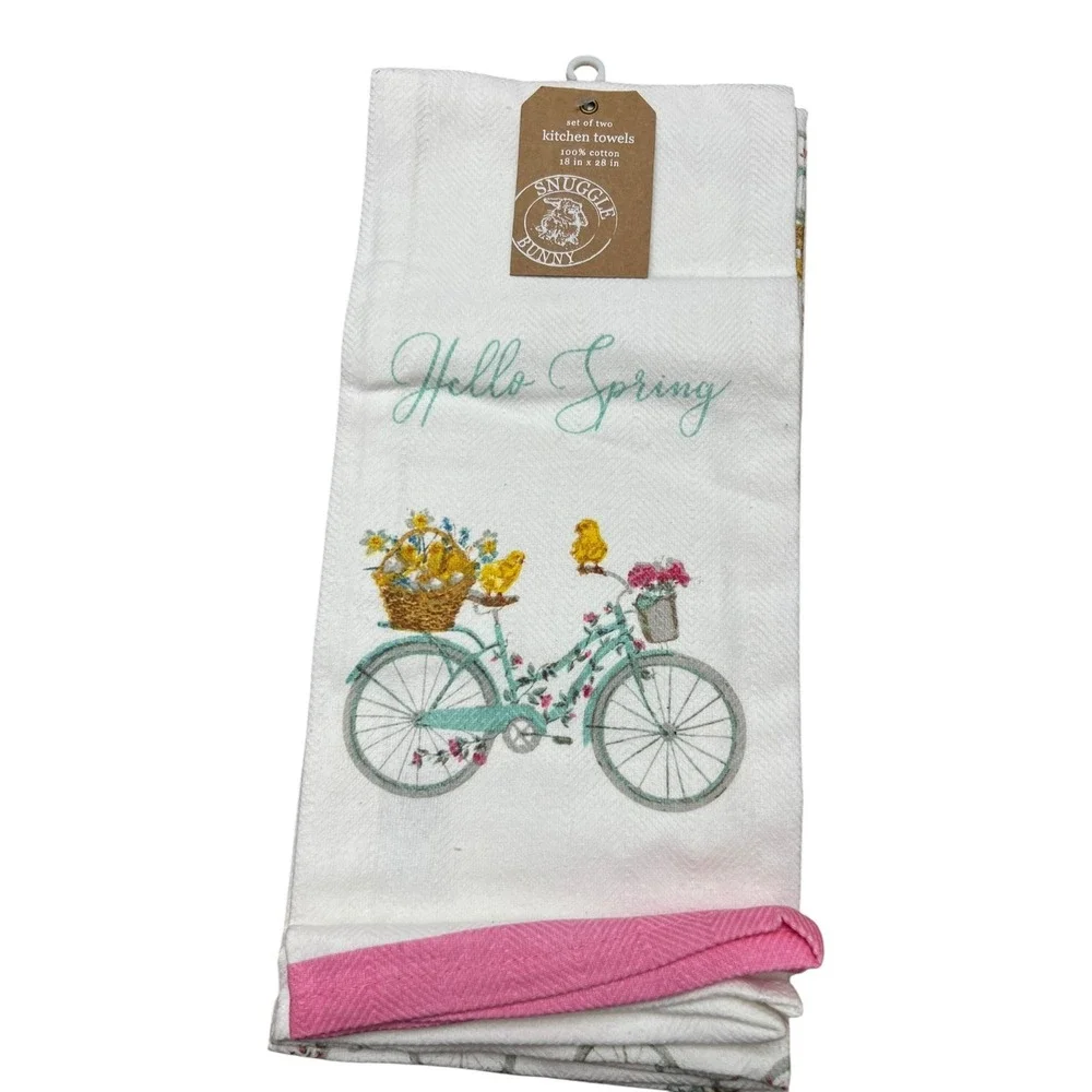 Snuggle Bunny Kitchen Towels Set of 2 White Pink Hello Spring Bicycle NWT 18x28